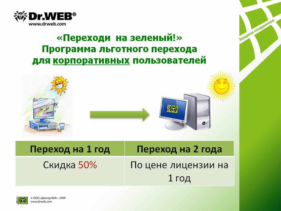 Льготный переход на антивирус Dr.Web «Переходи на зелёный!» Льготный переход на антивирус Dr.Web «Переходи на зелёный!»